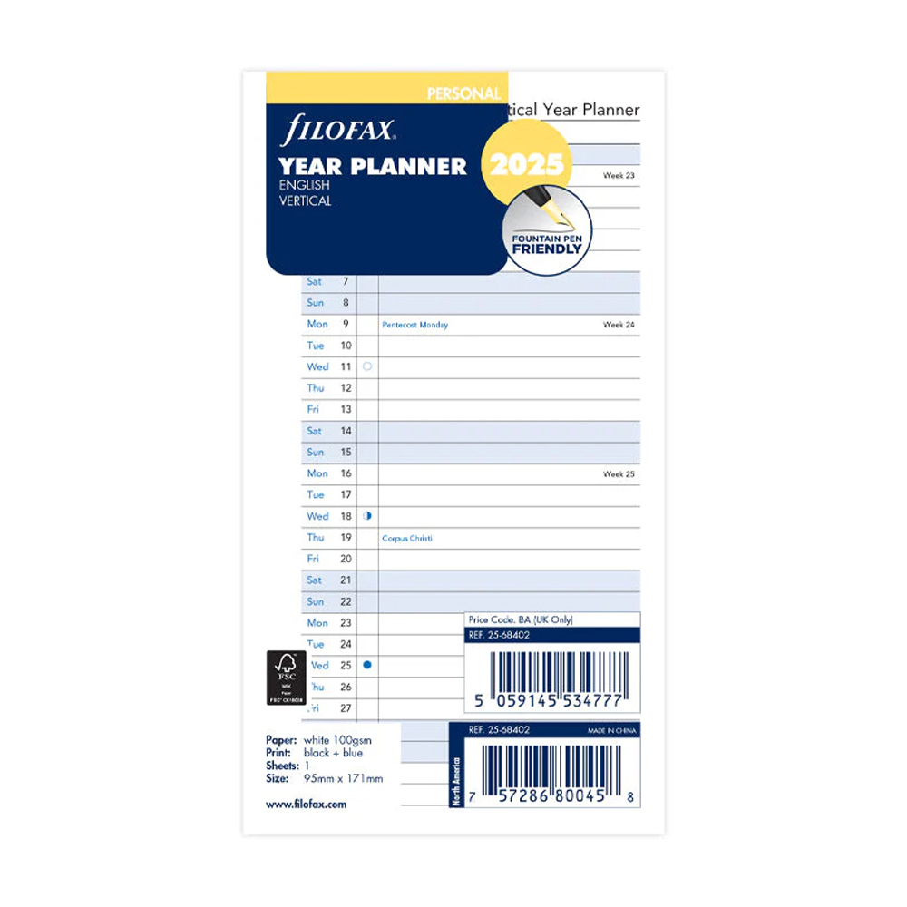 Filofax Vertical Year Planner Personal 2025 English